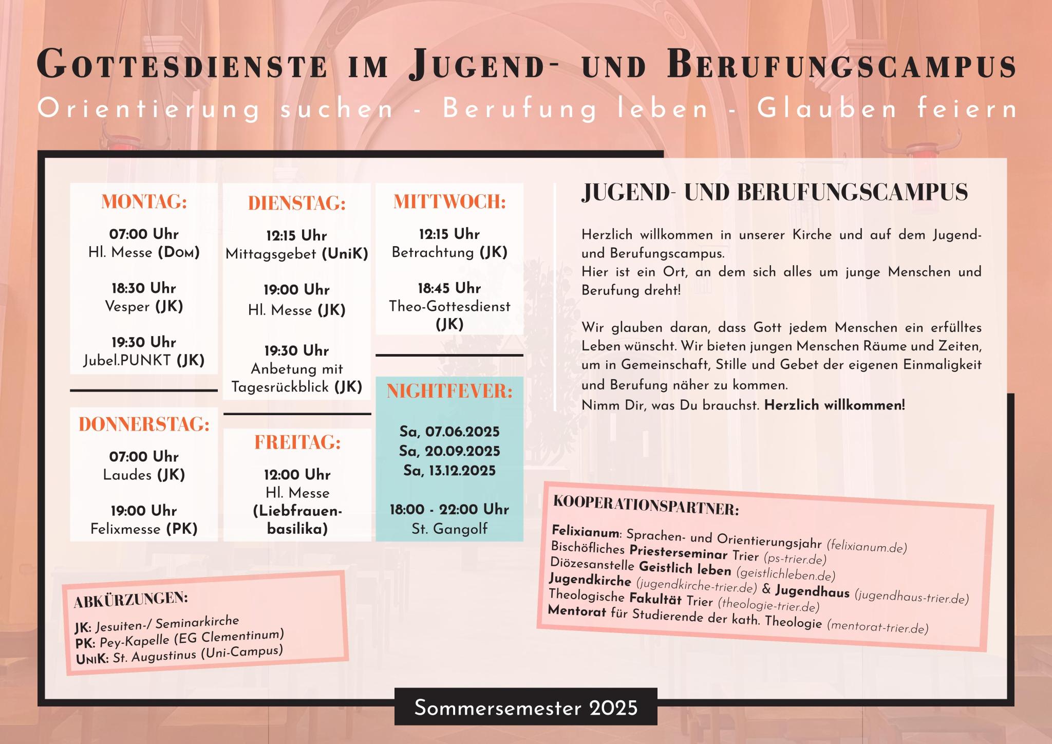 Plakat: Gottesdienstplan für das Sommersemester 2025 (c) Bischöfliches Priesterseminar Trier Plakat: Gottesdienstplan für das Sommersemester 2025