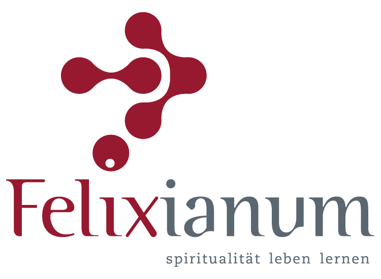 Man sieht sechs rote Punkte, die teilweise miteinander verbunden sind. Darunter der Text: Felixianum, spiritualität, leben, lernen.
