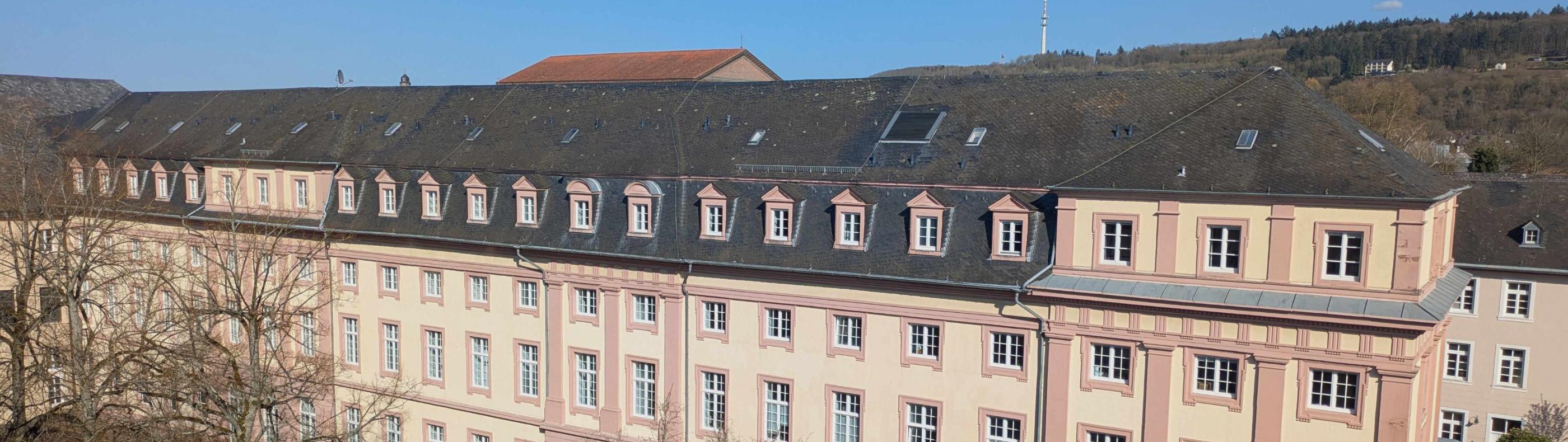 Man sieht das Clementinum, das Hauptgebäude des Priesterseminars. Im Vordergrund sind einige Bäume ohne Laub. Im Hintergrund ein blauer Himmel.