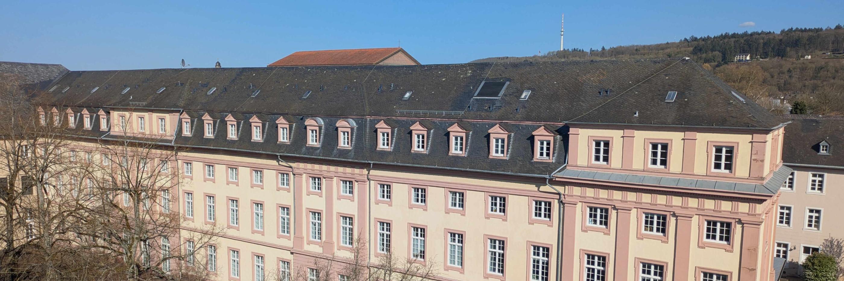 Man sieht das Clementinum, das Hauptgebäude des Priesterseminars. Im Vordergrund sind einige Bäume ohne Laub. Im Hintergrund ein blauer Himmel.