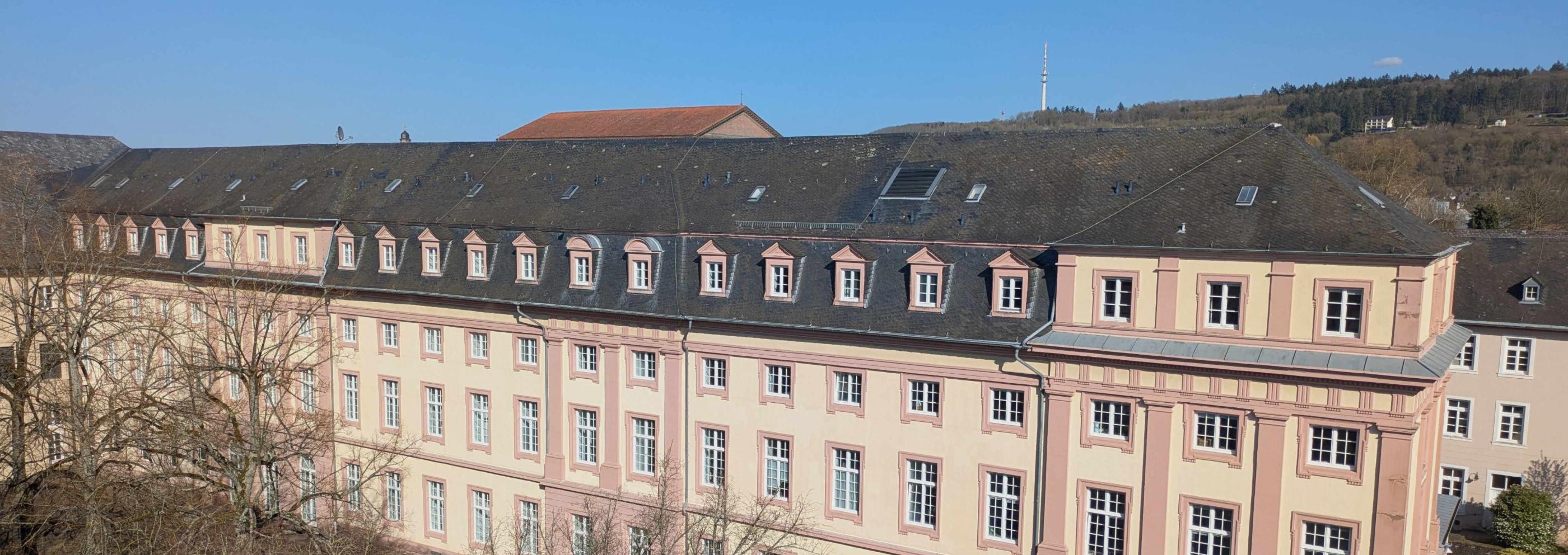 Man sieht das Clementinum, das Hauptgebäude des Priesterseminars. Im Vordergrund sind einige Bäume ohne Laub. Im Hintergrund ein blauer Himmel.