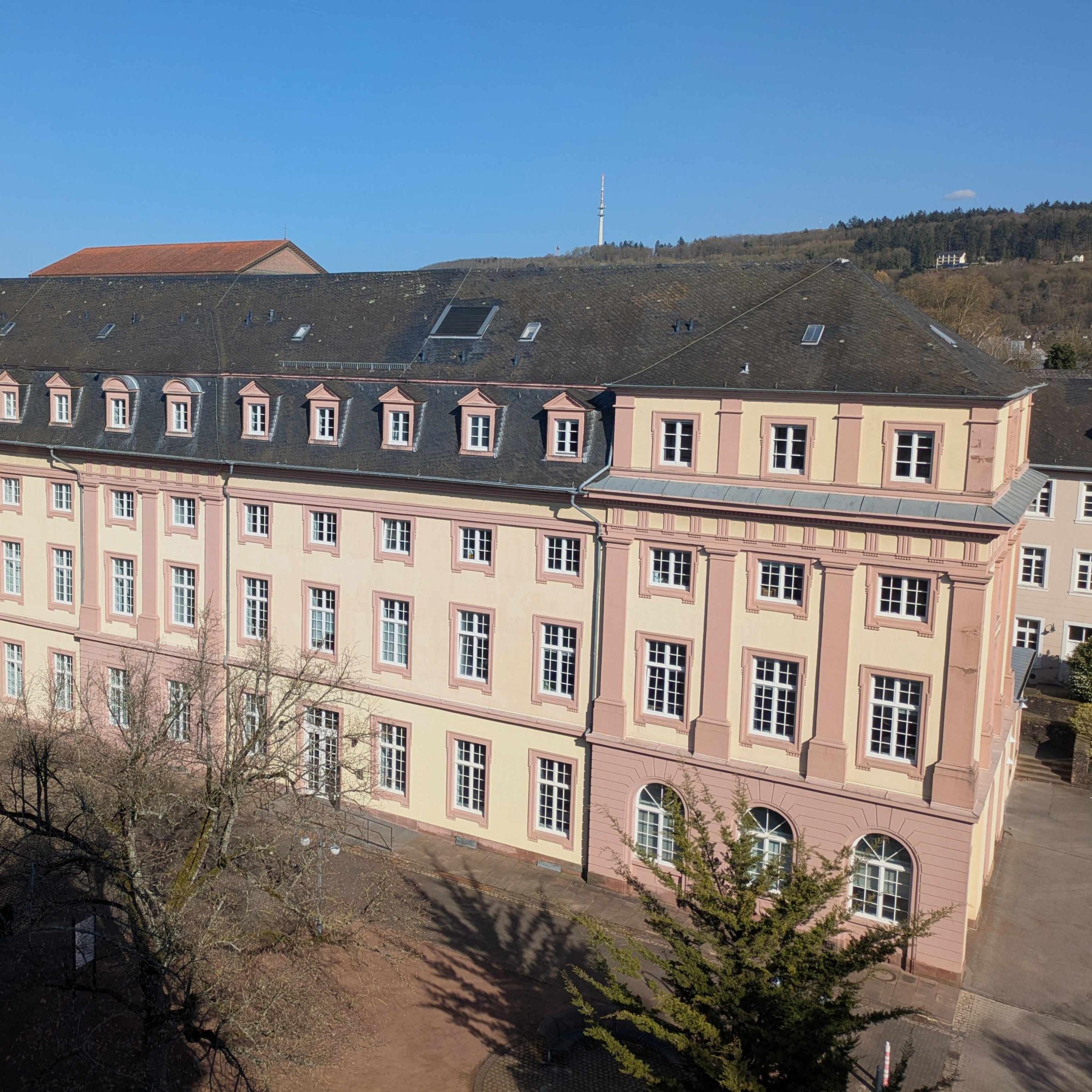 Man sieht das Clementinum, das Hauptgebäude des Priesterseminars. Im Vordergrund sind einige Bäume ohne Laub. Im Hintergrund ein blauer Himmel.