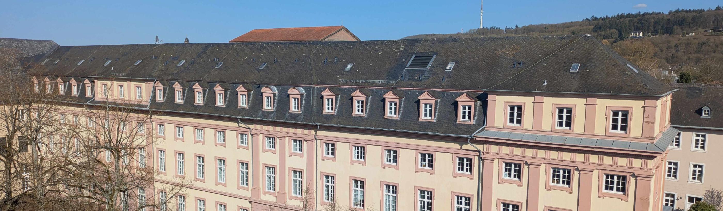 Man sieht das Clementinum, das Hauptgebäude des Priesterseminars. Im Vordergrund sind einige Bäume ohne Laub. Im Hintergrund ein blauer Himmel.