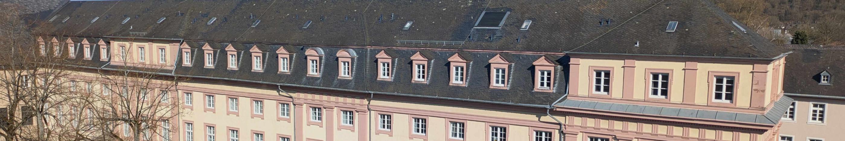 Man sieht das Clementinum, das Hauptgebäude des Priesterseminars. Im Vordergrund sind einige Bäume ohne Laub. Im Hintergrund ein blauer Himmel.