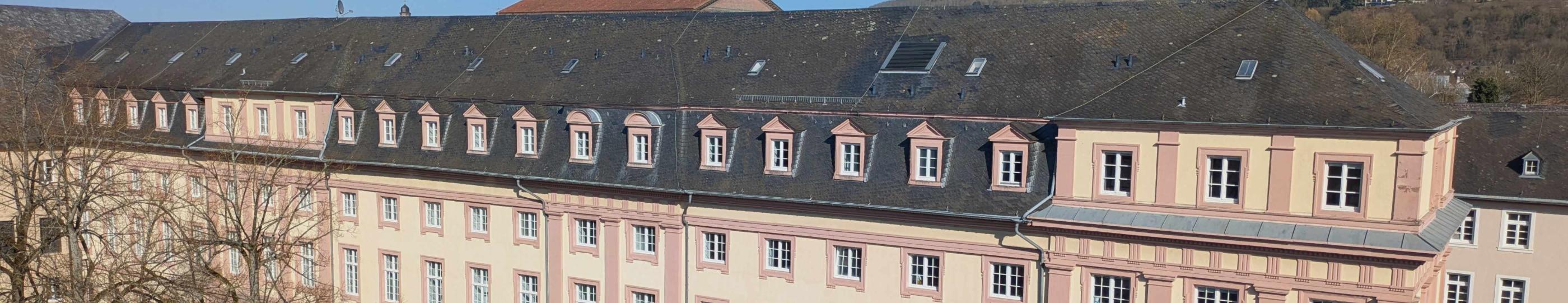 Man sieht das Clementinum, das Hauptgebäude des Priesterseminars. Im Vordergrund sind einige Bäume ohne Laub. Im Hintergrund ein blauer Himmel.