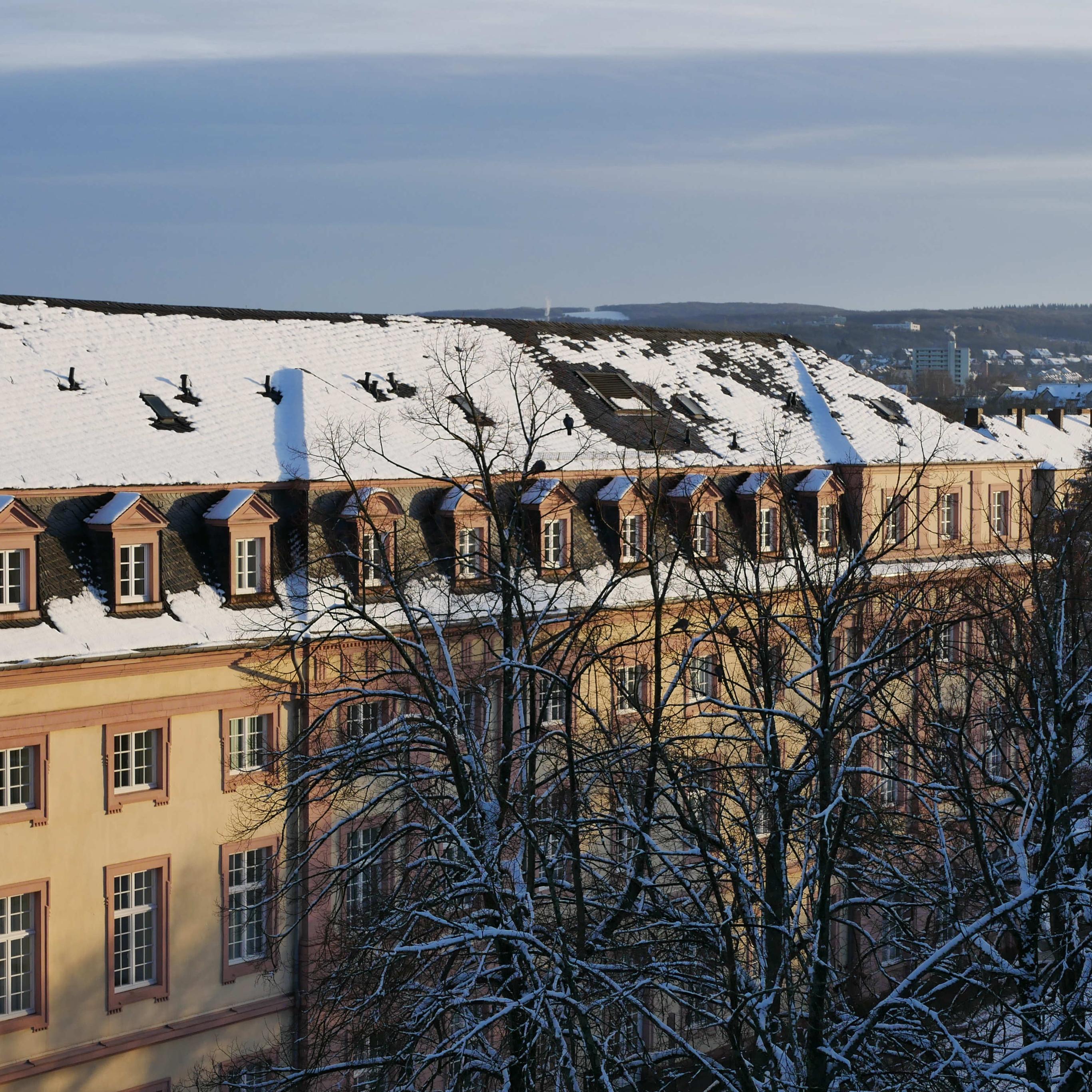 Man sieht das Clementinum, das Hauptgebäude des Priesterseminars, bedeckt von Schnee. Im Vordergrund sind einige Bäume ohne Laub. Im Hintergrund ein leicht bewölkter blauer Himmel.