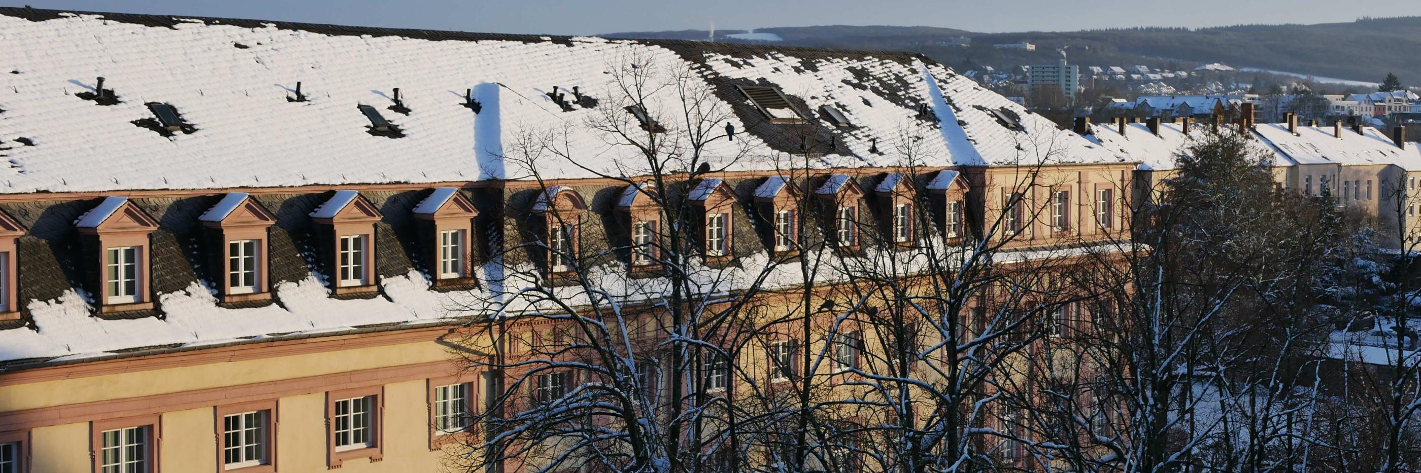 Man sieht das Clementinum, das Hauptgebäude des Priesterseminars, bedeckt von Schnee. Im Vordergrund sind einige Bäume ohne Laub. Im Hintergrund ein leicht bewölkter blauer Himmel.